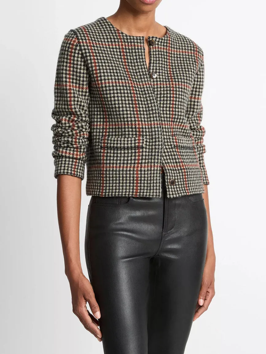Vince Glen Plaid Wool-Cashmere Cardigan Jacket in Cobblestone/Black Combo