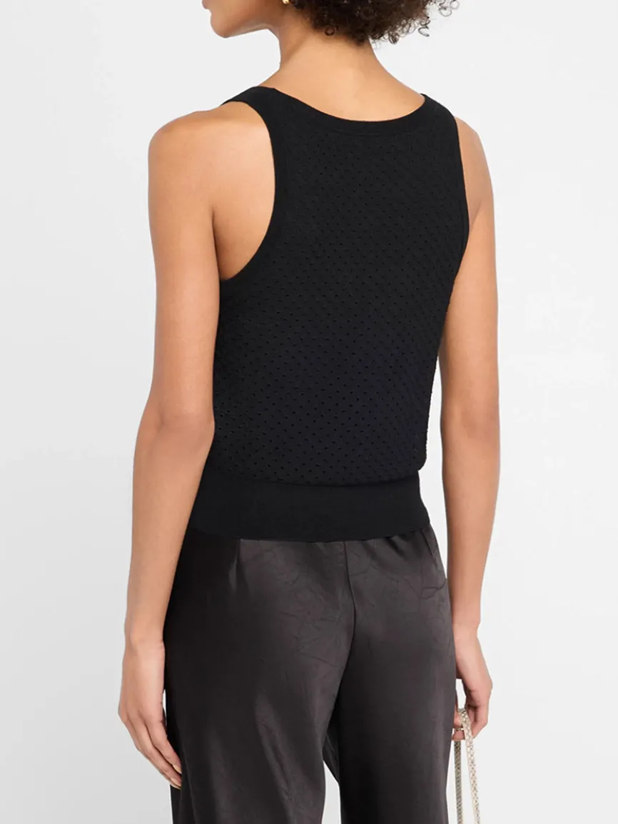 Vince Italian Cotton-Blend Mesh Double-Layer Tank in Black