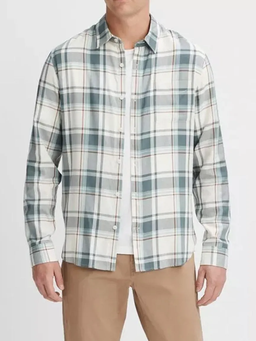 Vince Manchester Plaid Shirt in Bone/Dusty Teal