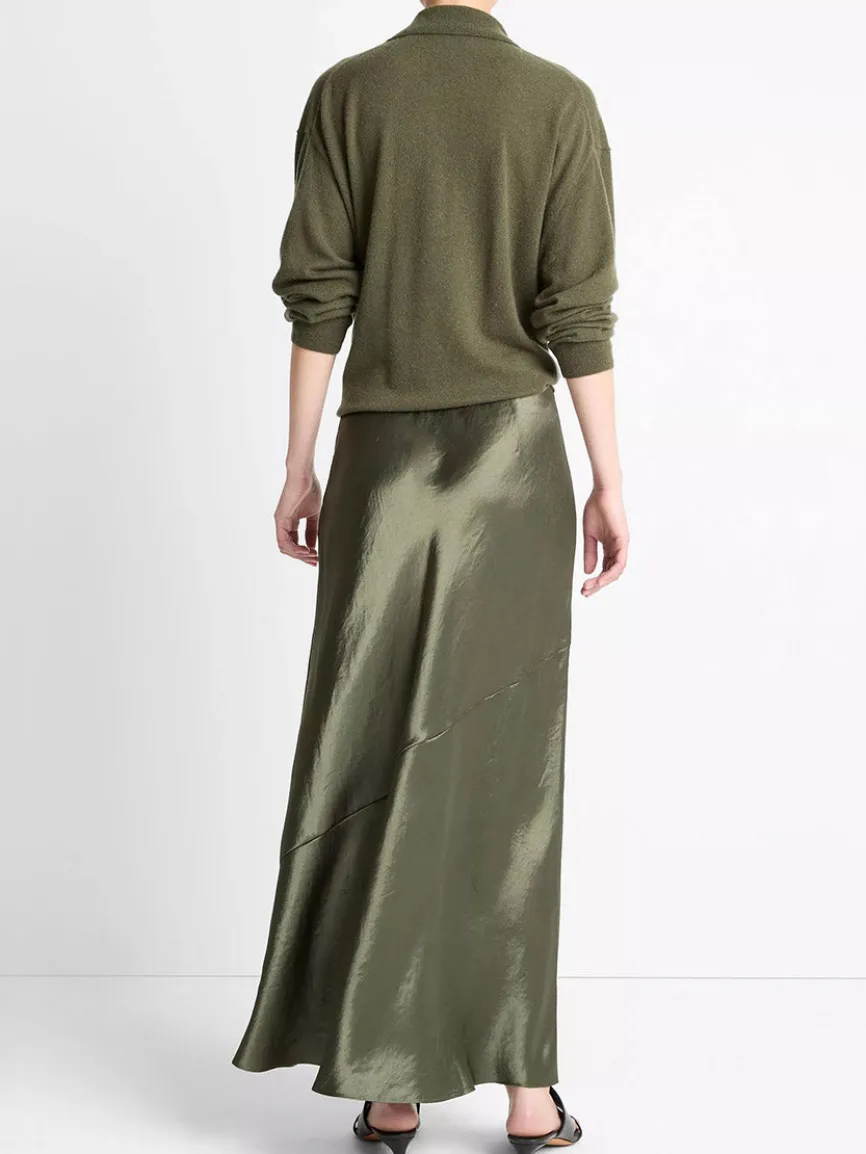 Vince Paneled Satin Bias Skirt in Herba