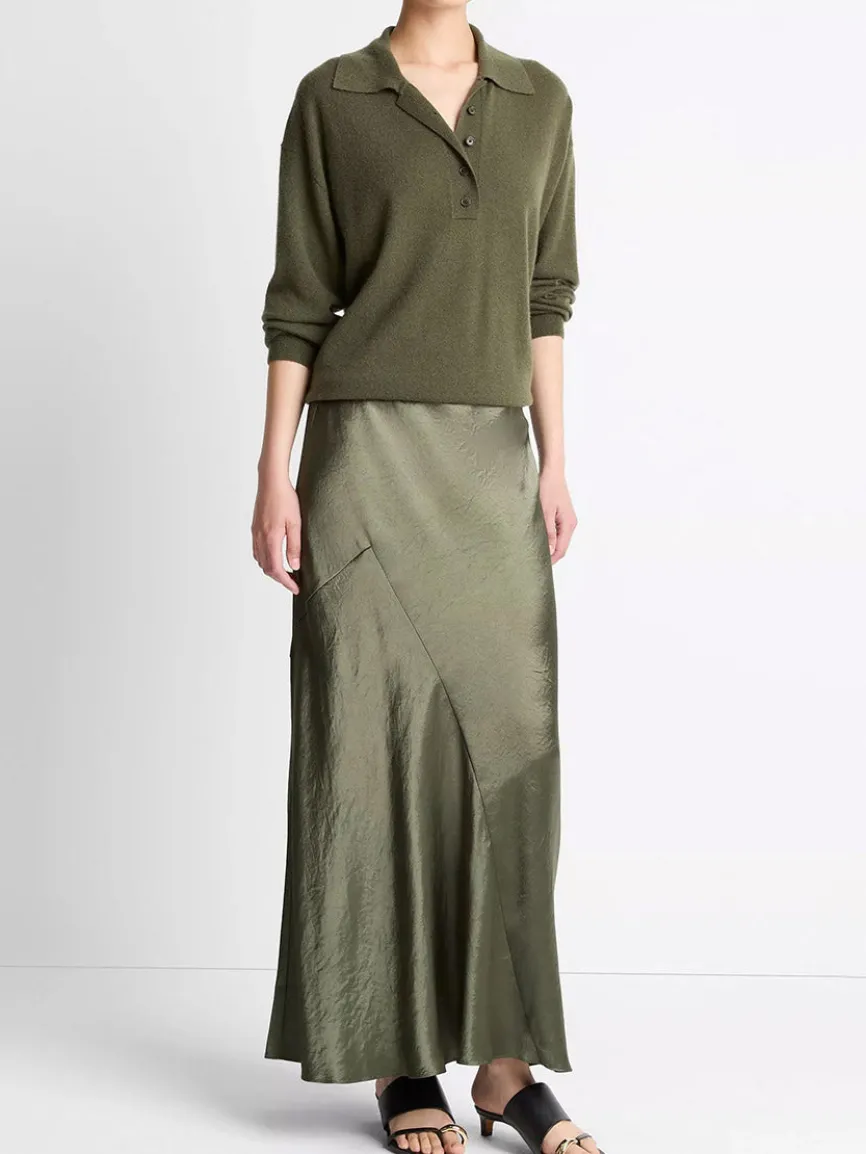 Vince Paneled Satin Bias Skirt in Herba