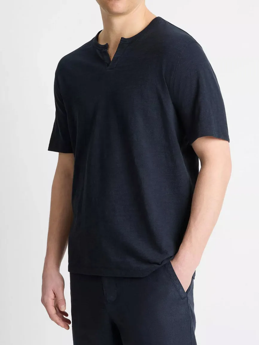 Vince Slub Cotton Split-Neck T-Shirt in Coastal Blue