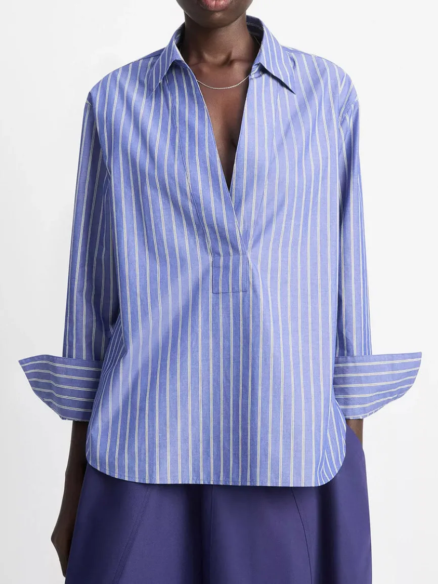 Vince Striped Cotton Relaxed Popover Shirt in Pale Twilight