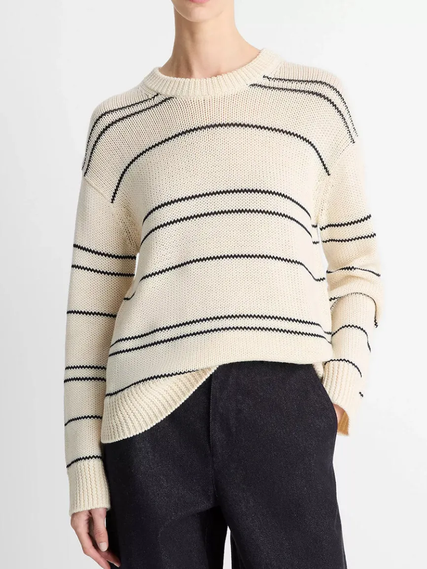 Vince Variegated Stripe Wool-Blend Sweater in Oat Shell/Navy