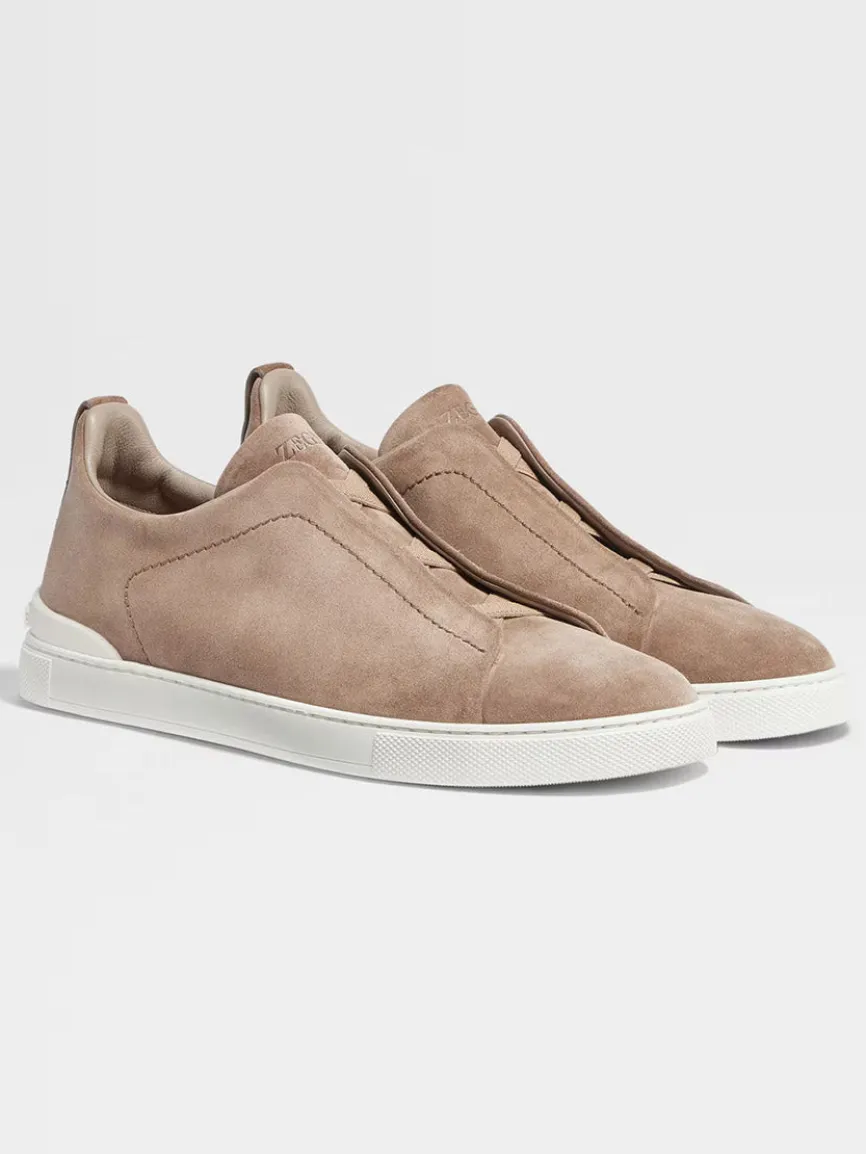 Zegna Beige Suede Triple Stitch Low Top Sneaker